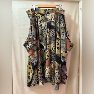 Vintage 90s Abstract Face Print Skirt Elastic Waist Button Front Retro Midi